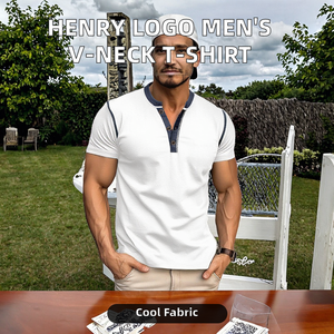 Camiseta Casual Vintage Personalizada para Hombre Henry, 100% Algodón, Manga Corta, Cuello en V con Botones, Diseño Sólido con Logotipo y Bolsillo, Tela de 180 g/m² - Product Image 3