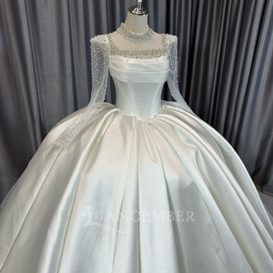 Lscm92 Modern Elegant Ivory Ball Gown <b>Wedding</b> Dress Beaded Illusion Satin Bridal Gown Pleated Corset Puffy Full Skirt Chapel - Product Image 3