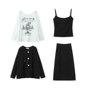 ชุดเซ็ตผู้หญิงไซส์ใหญ่ Runqi เสื้อยืดสีขาวพิมพ์ลาย เสื้อสายเดี่ยวสีดำ เสื้อคลุม กระโปรงถัก ชุดลำลอง สีพื้น สายเดี่ยว - Product Image 1