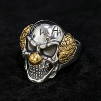Bague ajustable en argent sterling 925 bicolore avec crâne Joker, style rétro sculpté, pour homme, punk, hip-hop, bijoux fins