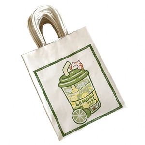 <b>Biodegradable</b> Coffee Shop Juice Shop Take-away Paper <b>Packaging</b> Bag Customized Printing for Milk Food White Kraft Paper Handle - Product Image 1
