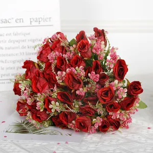 BH210429-4 Buquê de flores de seda artificial vermelho 4 cabeças de alta qualidade com borda ondulada para decoração de festas de casamento