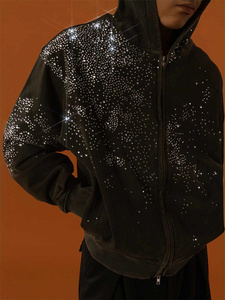 Custom Logo Distressed Acid Wash Drop Shoulder <b>Pocket</b> Hoodie Heavy Weight Cotton Rhinestones <b>Zip</b> up Cropped Mens <b>Hoodies</b> - Product Image 5