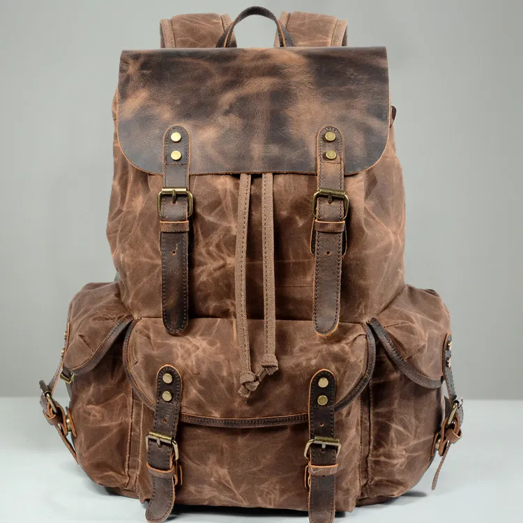 Men Retro Daypack Outdoor Travel School Leather Backpack Campus School Rucksack Canvas Laptop Backpack for Men