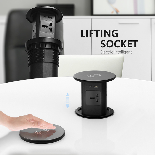 Pop up Socket Wireless Charger Built in Power Outlet Tower with Usb for Kitchen Island / Desk / Counter Uk Plug Black