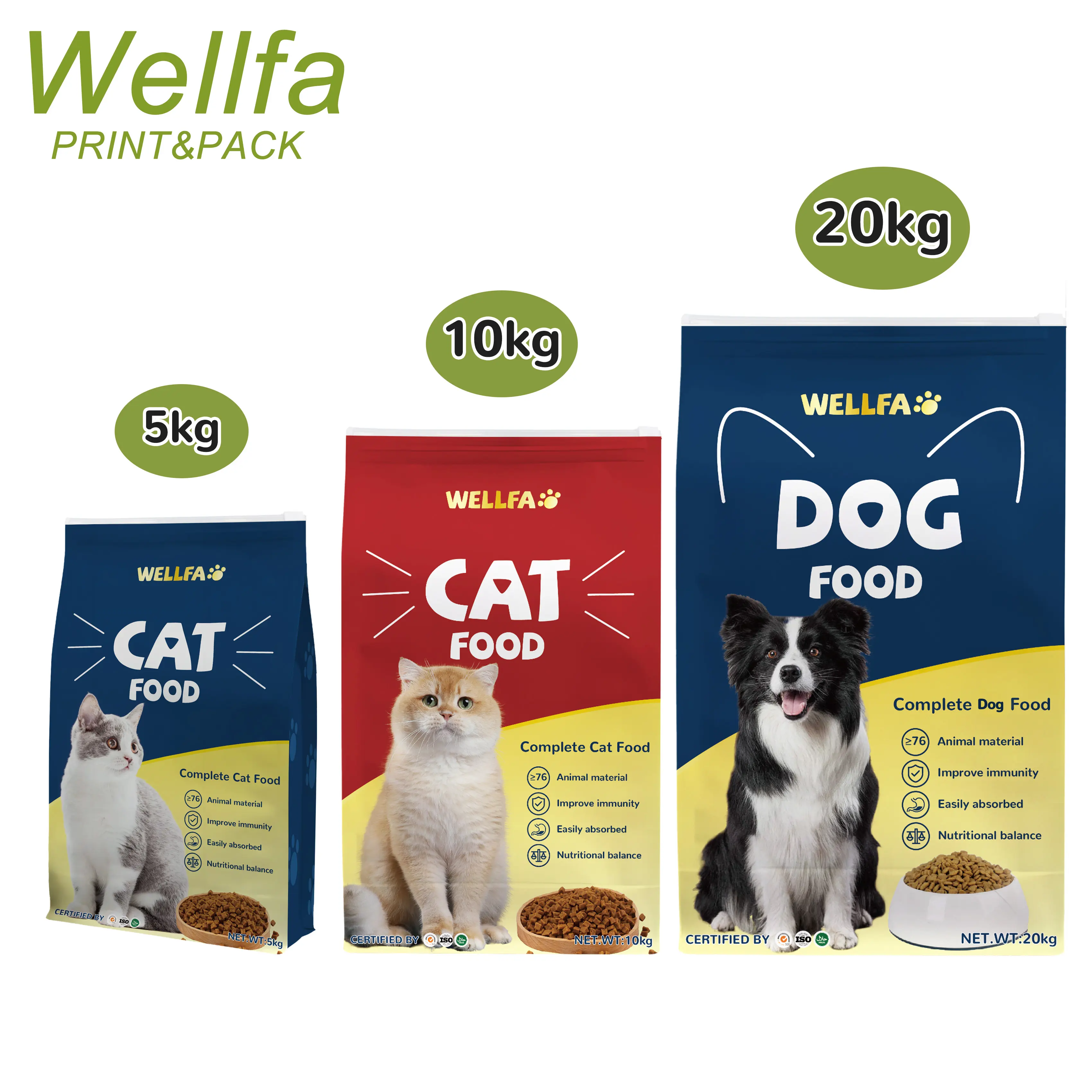 Impresión personalizada de embalaje de refuerzo lateral para mascotas gato bolsa de comida Flexible cremallera 10kg 50kg fondo plano de plástico comida para perros 20 kg bolsas