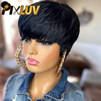 Wig Bob Pendek Grosir, Wig Pixie Cut, Rambut Manusia, Rambut Lurus Alami, Rambut Mentah, Wig Tanpa Lem, Buatan Mesin, Sudah Di-prepluck
