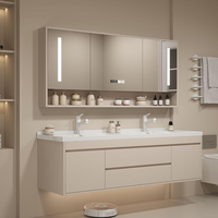 Meuble-lavabo mural double vasque haut de gamme de luxe avec éclairage d'ambiance LED et meuble bas cannelé pour une salle de bain élégante