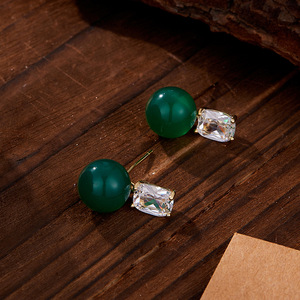 Green Agate Ball Stud Earrings With Crystal Inlay 925 Silver <b>Post</b> Everyday Wear Geometric Design EA10410 - Product Image 4