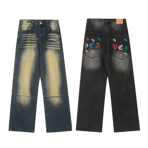 Custom logo Quality vintage denim <b>jeans</b> American Street Fashion baggy <b>embroidered</b> <b>jeans</b> acid washed high waist slim fit <b>jean</b> - Product Image 1