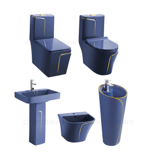 Inodoro de una pieza de lujo de doble descarga, inodoro de chorro de sifón de línea azul y dorada, inodoro espía, inodoro inodoros, juego de lavabo - Product Image 2