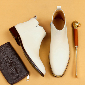 Chaussures habillées pour hommes en cuir à bout pointu, style anglais, pour affaires et tenues décontractées, bottines courtes, couleur blanche. - Product Image 3