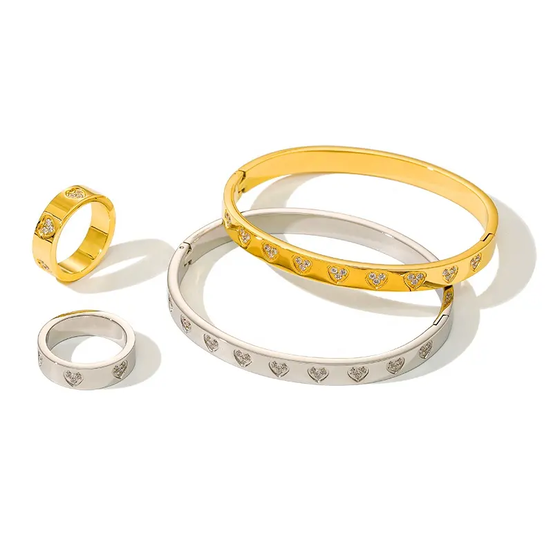 Conjuntos de joias de aço inoxidável para casal, pulseira hipoalergênica banhada a ouro 18K, à prova d'água, coração, zircônia cúbica, amor e promessa, conjuntos de joias