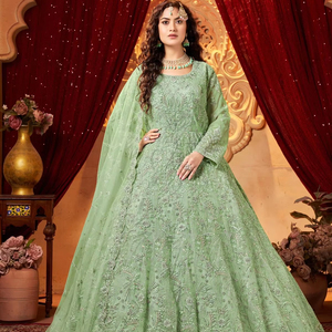 Vestido Anarkali largo étnico indio con bordado <span class=keywords><strong>Net</strong></span> Dupatta Ropa de fiesta para mujeres Adultos Vestido elegante hecho de <span class=keywords><strong>material</strong></span> de red
