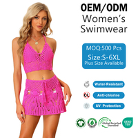 Shanhao OEM Dames Crochet Tweedelig Bikini Halter Triangel Heetroze Gegolfde Minirok Trekkoord Open-Weef Gebreide Strandkleding