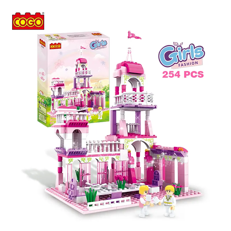 COGO-Castillo rosa de plástico con figuras de princesas y princesas, juguetes de bloques de construcción