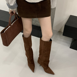 2025 Autumn Winter Fashion Simple Temperament Pointed <b>High</b> Heel Boots Solid Color Slip-On Closure <b>Knee</b>-Not <b>Knee</b> Design Mesh - Product Image 2