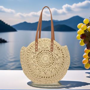 Palha oca saco tecido feminino Handmade tricô tecido Summer Seaside Holiday Beach Tote <span class=keywords><strong>Bag</strong></span> All-Match <span class=keywords><strong>Round</strong></span> Shoulder <span class=keywords><strong>Bag</strong></span> - Product Image 2