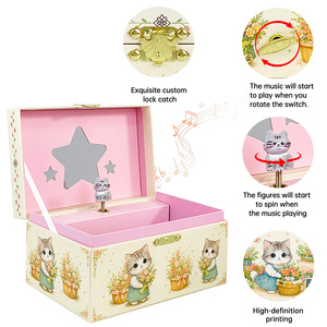 Boîte à musique et à bijoux <span class=keywords><strong>chat</strong></span> mignon - Organisateur en papier avec miroir étoilé HD, chaton rotatif et serrure, cadeau floral pour filles et enfants - Product Image 4