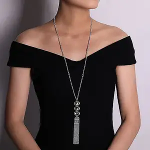 SKA 925 Sterling Silver Black Mother of Pearl Doublet and White Sapphire Tassel Necklace plated white gold necklace for women