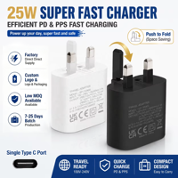 Chargeur Super Rapide HNT 25W Adaptateur PPS+PD Prise EU/US/UK Port Type-C à Charge Rapide pour Samsung S25 S24 ODM/OEM