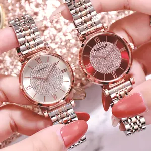 Роскошные женские часы с браслетом и кристаллами 2019, модные повседневные Кварцевые полностью стальные часы с круглым циферблатом, водонепроницаемые женские наручные часы