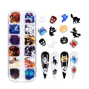 12 irmik PET cadılar bayramı Nail Art Sequins hayalet cadı Glitter plastik kafatası örümcek kabak pullu süs dekorasyon