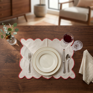 Premium Linen Scalloped <b>Placemat</b> with <b>Red</b> Contrast Border – Elegant Decorative Table Mat for Dining, Restaurant & Home Decor - Product Image 4