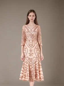 Kadınlar için L-5XL artı boyutu işlemeli dantel Midi elbise 3/4 kollu kokteyl elbisesi, Vintage V boyun resmi akşam parti kıyafeti L-5XL - Product Image 2