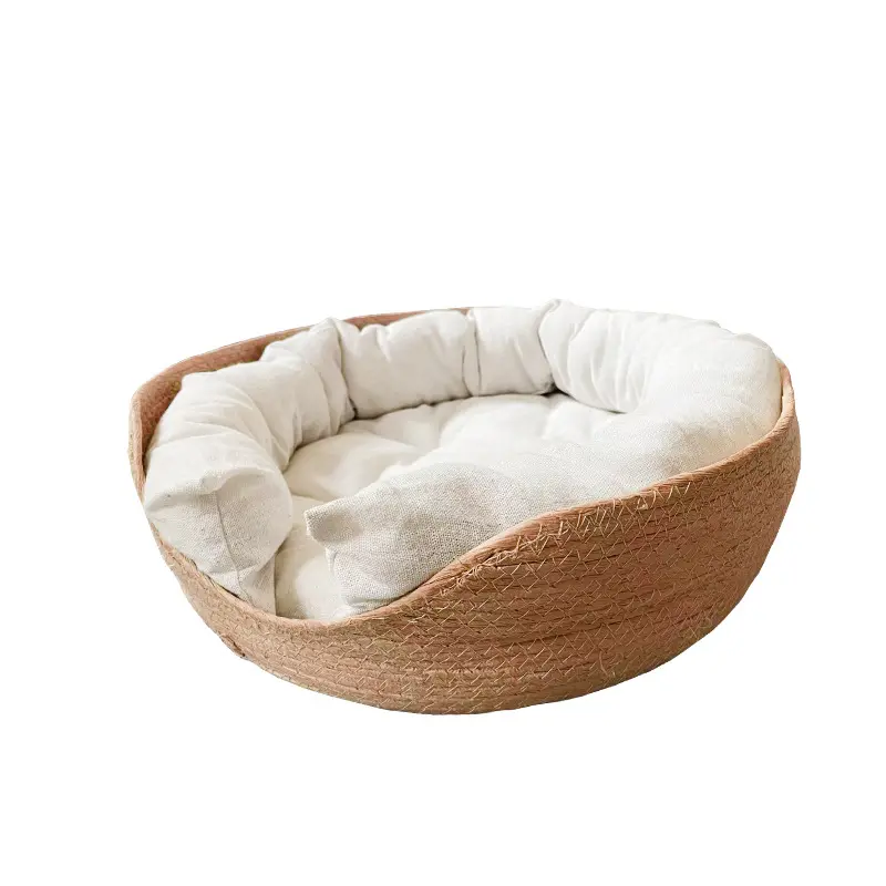 Atacado pet cat cama quente tecido rattan pet cesta feita de cachorro dormindo cama redonda com tapete de dormir macio