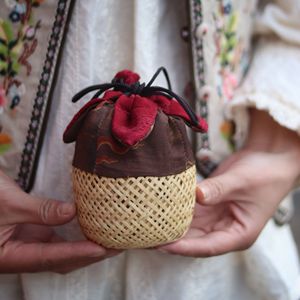 Chinese Style <b>Bamboo</b> Woven Cup Basket Dark Red Cloth Cover Round 10cm Diameter Travel Portable Storage <b>Container</b> - Product Image 1
