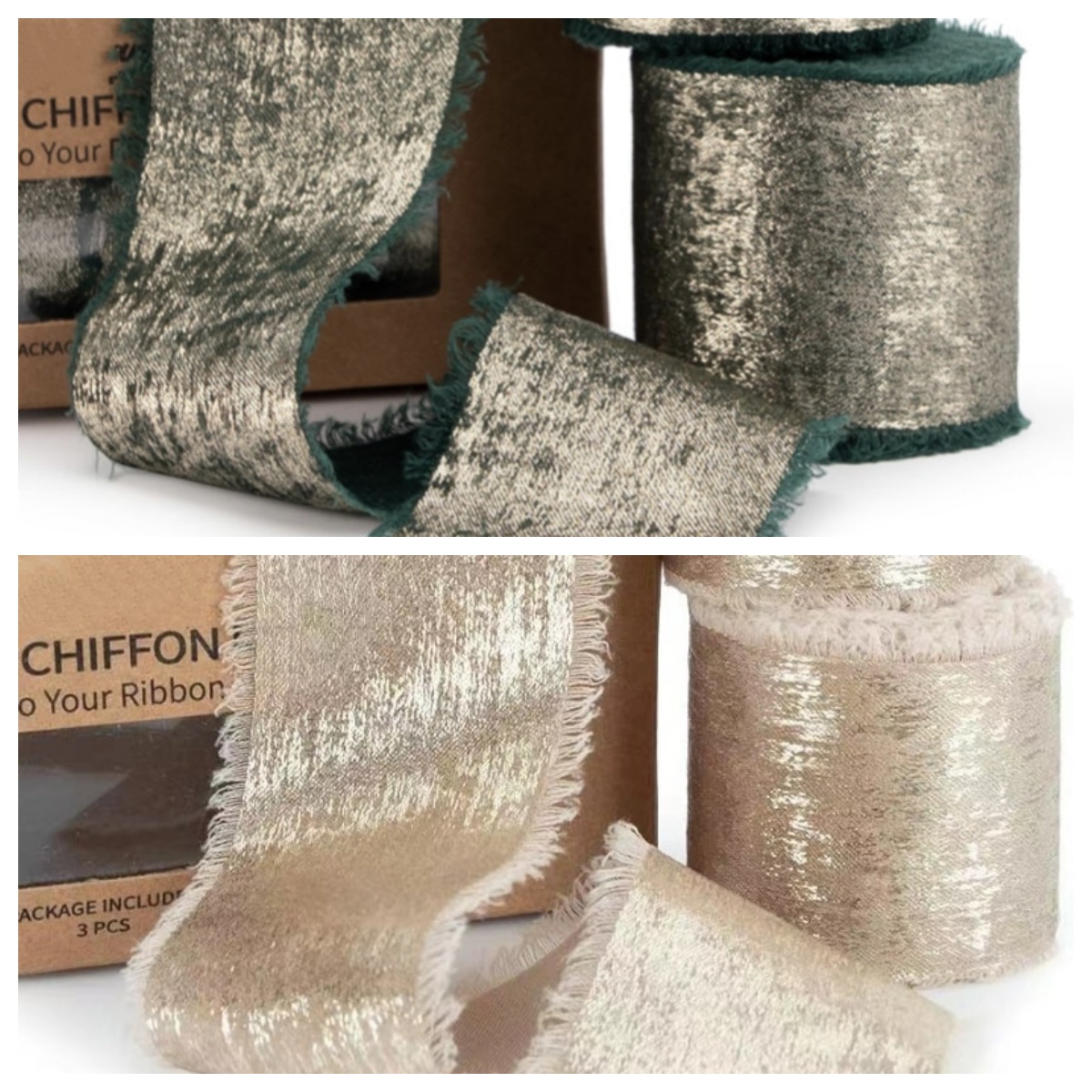Dark Green Raw Edge Shinny Christmas Chiffon Ribbon Shimmery Gold Silk Ribbon for Bouquet Gift Wrapping Wedding Decor
