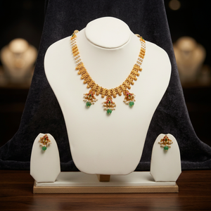 Traditional Gold <b>Necklace</b> Set with Green Emerald and Red <b>Ruby</b> Accents Featuring Elegant Pearl String Detailing - Product Image 1