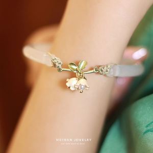 Gradient Color Imitation Hetian Jade <b>Silver</b>/Gold Plated Bangle Simple Retro Chinese Style Bell Orchid Flower <b>Charm</b> Pendant Gift - Product Image 5