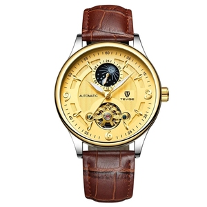 Reloj TEVISE T820B para Hombre, Movimiento Automático, Negro, Correa de Cuero, Mecánico, Resistente al Agua 30M, Esfera Dorada - Product Image 1