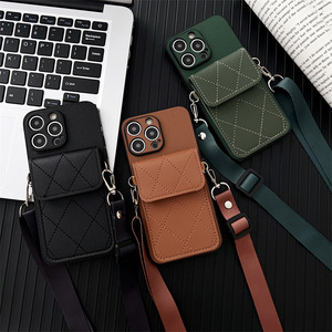 Coréen bandoulière lanière <span class=keywords><strong>collier</strong></span> sangle porte-carte porte-monnaie couverture en cuir pu étui pour iPhone 12 13 14 15 16 Pro Max losange - Product Image 1