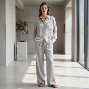 Ensemble deux pièces décontracté pour femme en cuivre uni, col en V, ample, fluide, respirant et à séchage rapide, composé d'un chemisier et d'un pantalon large - Product Image 1