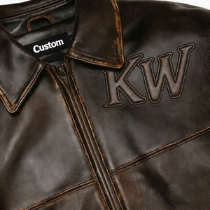 جاكيت طيار من الجلد الطبيعي بتصميم مخصص، جاكيت بومبر من جلد الحملان البني المعتق، تصميم مطرز حسب الطلب - Product Image 4