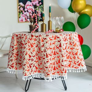 Tovaglia di natale copri tavola rotonda oro timbrante nappa tovaglia di lino tovaglie da pranzo per evento - Product Image 1