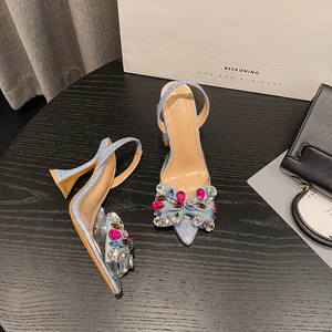 Mules à talons hauts bleues style original, sandales d'été tendance avec nœud en jean et cristaux, escarpins de soirée à bout pointu pour femmes - Product Image 1