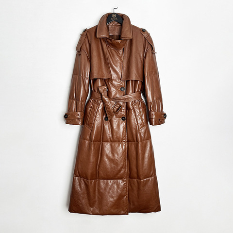 910 Trending Products 2026 New Arrivals Fashion Women Oil Waxed Sheepskin Leather Trench Down Coat With Belt for Winter