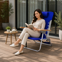 Lot de 2 chaises de plage pliantes à suspension à lacets, 4 positions, avec coussin et porte-gobelet, structure métallique, bleu marine, mobilier d'extérieur