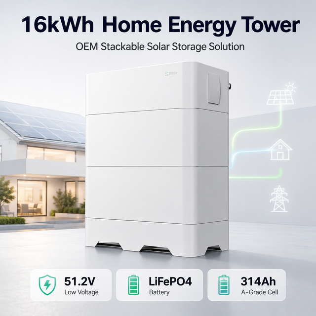 16kWh 51.2V Stackable LiFePO4 Battery 314Ah Home Energy Storage System IP65 Modular LFP Solar Battery Storage for Off-Grid ESS