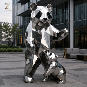 Statue de panda et d'ours en acier inoxydable finition miroir, sculpture géométrique mère et jeune pour la décoration de la cour de villa, de l'entrée d'hôtel - Product Image 3