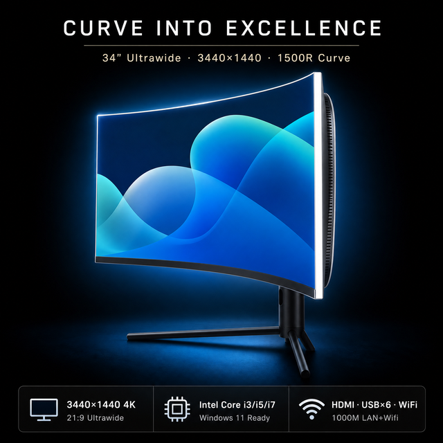 All-in-One Computers UW34 34 Inch Ultrawide 3440x1440 21:9 1500R Curve LED Intel Core I3 32GB RAM 2TB SSD Windows 11 AIO PC