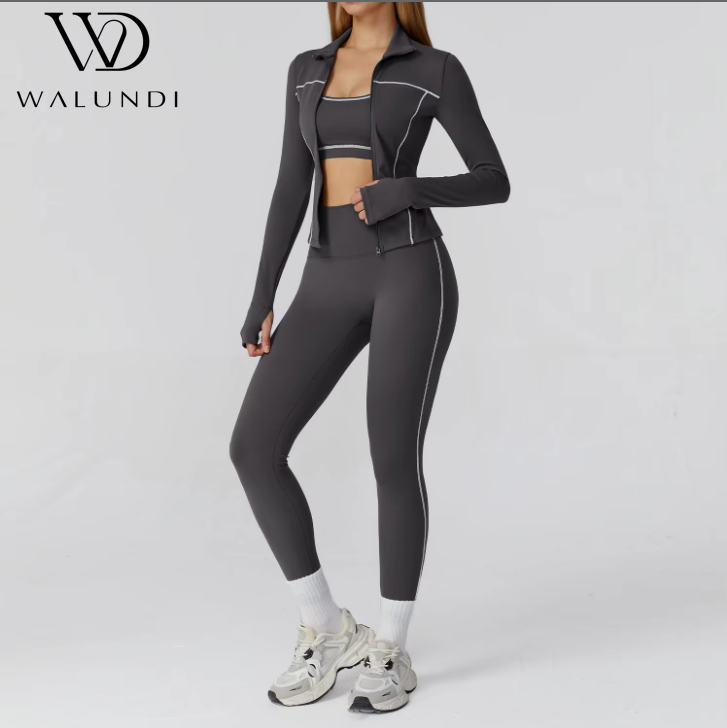 Yoga Set Color Blocking Zipper High Waist Quick Dry Yoga Set of 3 Pieces Contrast Brushed Outdoor Sports Women's Clothing