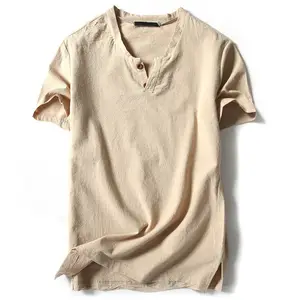Summer Japanese cotton linen short-sleeved t shirt men's retro half-sleeved trend tee men's thin slit henry shirt men T-Shirts