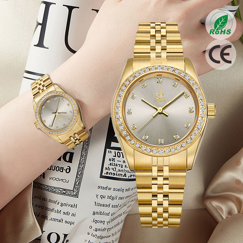 Shengke High Quality Gold Plated Watch Sk Luxury Woman Watches Diamond Iced Out Stainless Steel Band Quartz Watch For Woman 