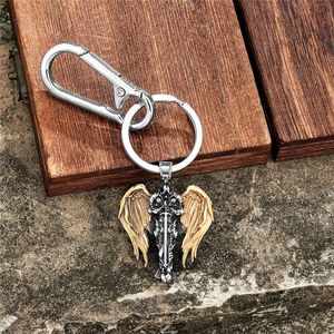 Porte-clés style punk avec croix et ailes, en alliage d'acier inoxydable et cuir, accessoire cadeau unisexe - Product Image 2