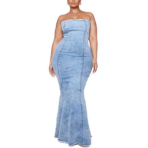 Plus Size Sleeveless Back Zip Up Light Washed Maxi Dress Women Curve Seam Raw Edge Stretch Denim Dress